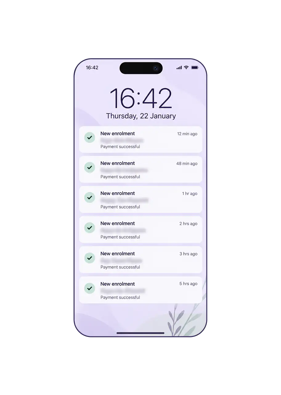 Phone showing successful new enrolment payments for a wellness education launch