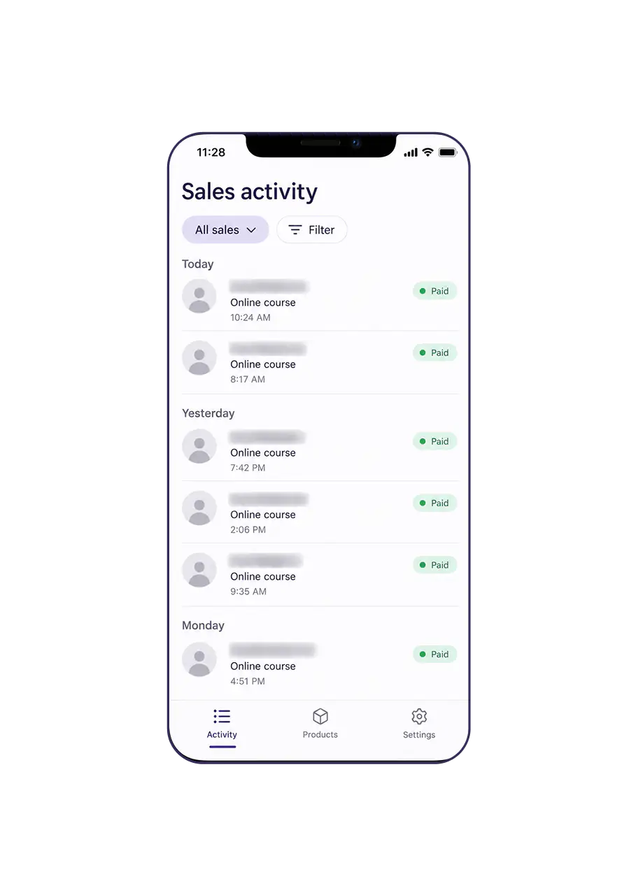 Sales activity screen showing paid online course purchases