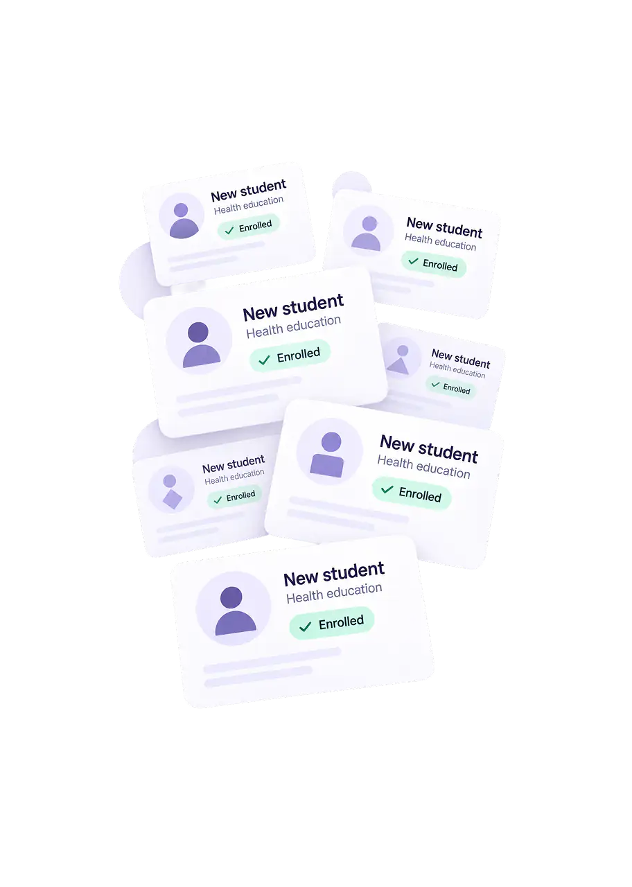 Stacked new student enrolment cards for a health education business
